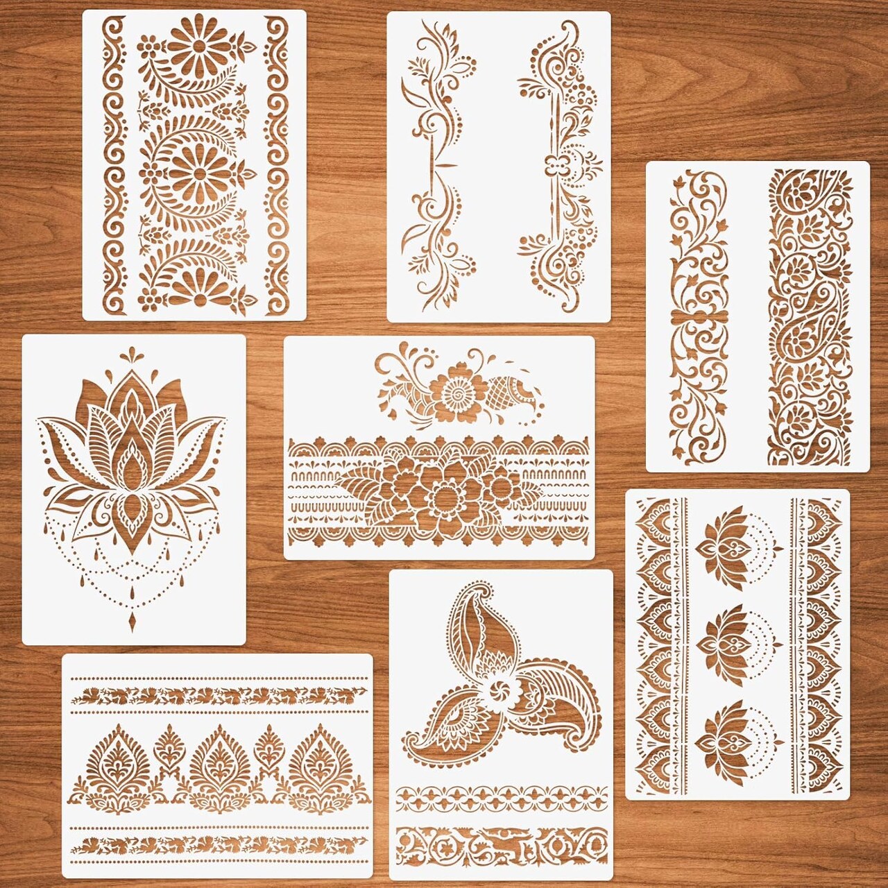 8-Piece Flower Border Mandala Stencil Set (8.3"x11.8") – Reusable Mylar Templates for Painting on Wood, Canvas, Paper & DIY Crafts
